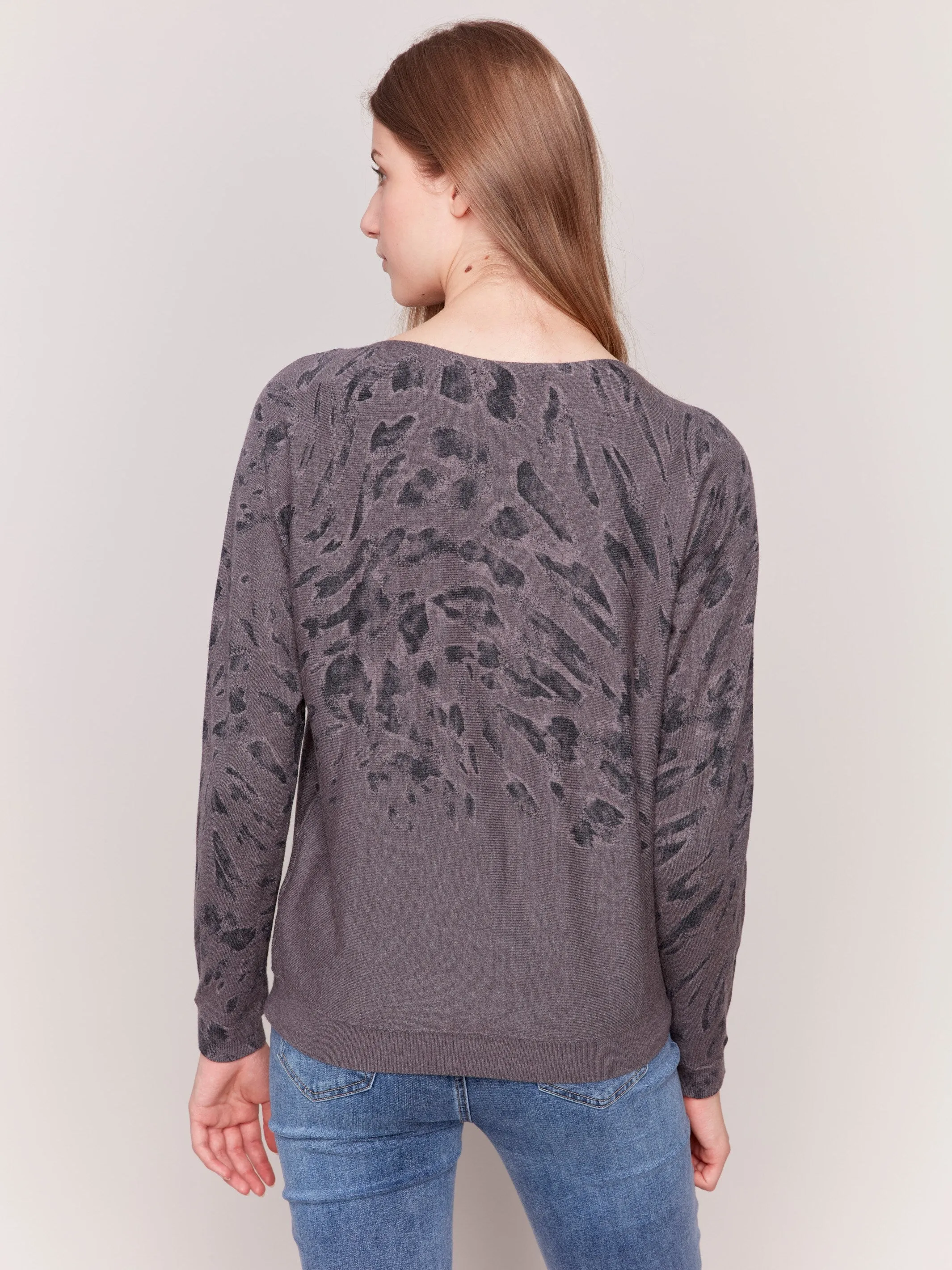 Animal Print Batwing Sleeve Sweater - Charcoal