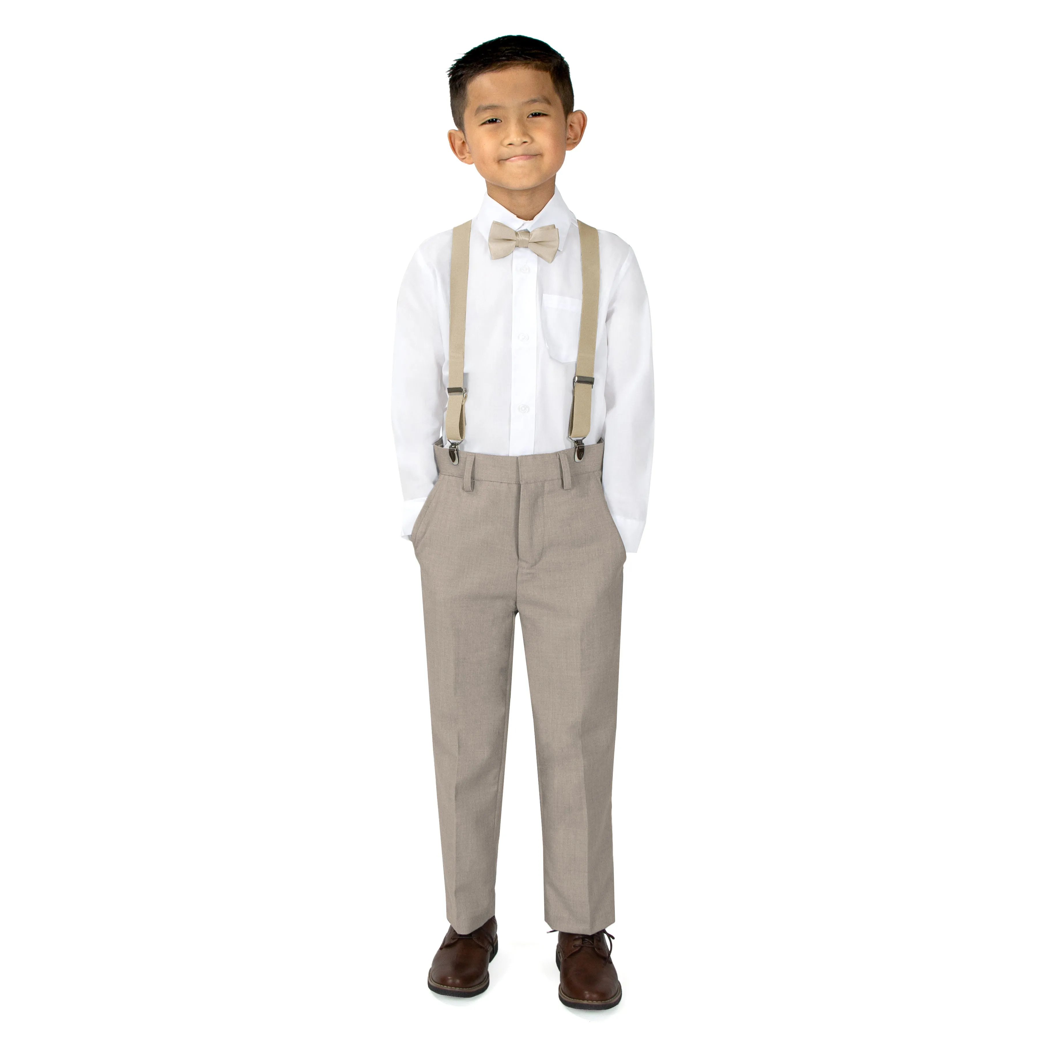 Boys' 4 Piece Suspenders Outfit, Tan/White/Champagne