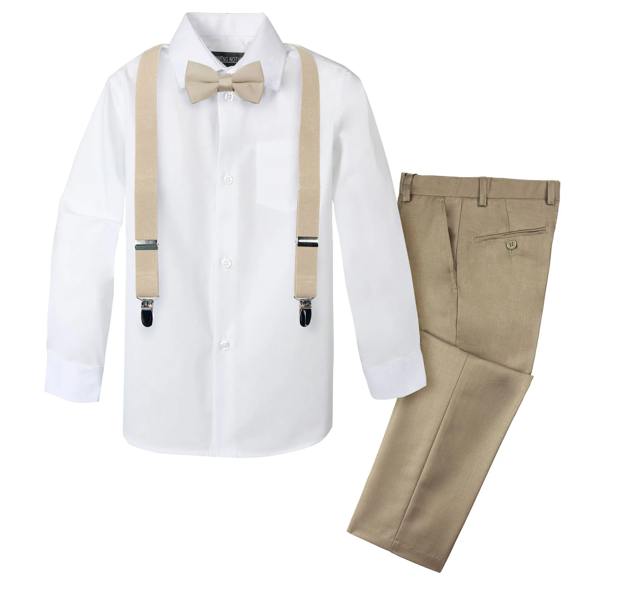 Boys' 4 Piece Suspenders Outfit, Tan/White/Champagne