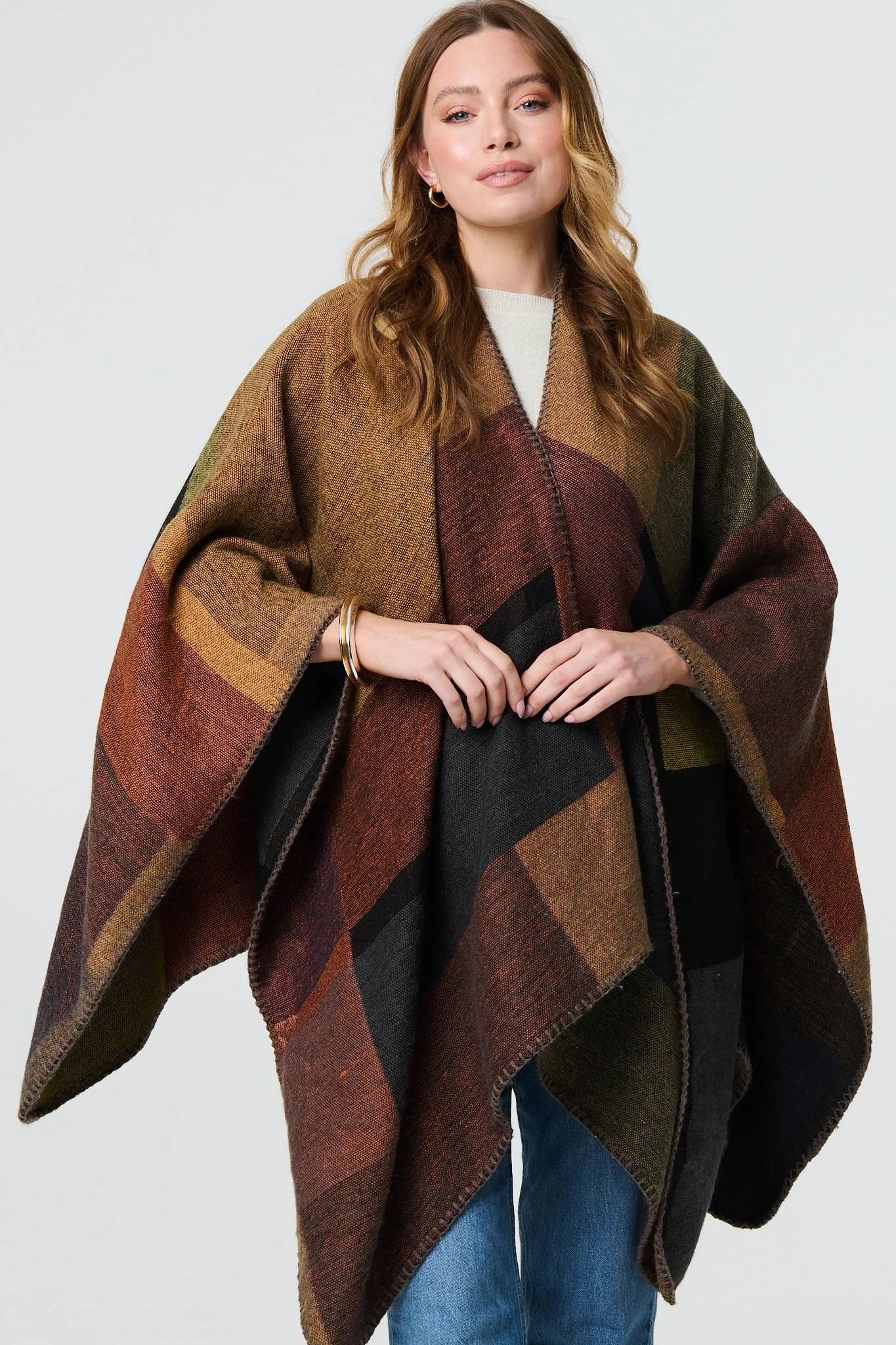 Colour Block 3/4 Sleeve Relaxed Poncho