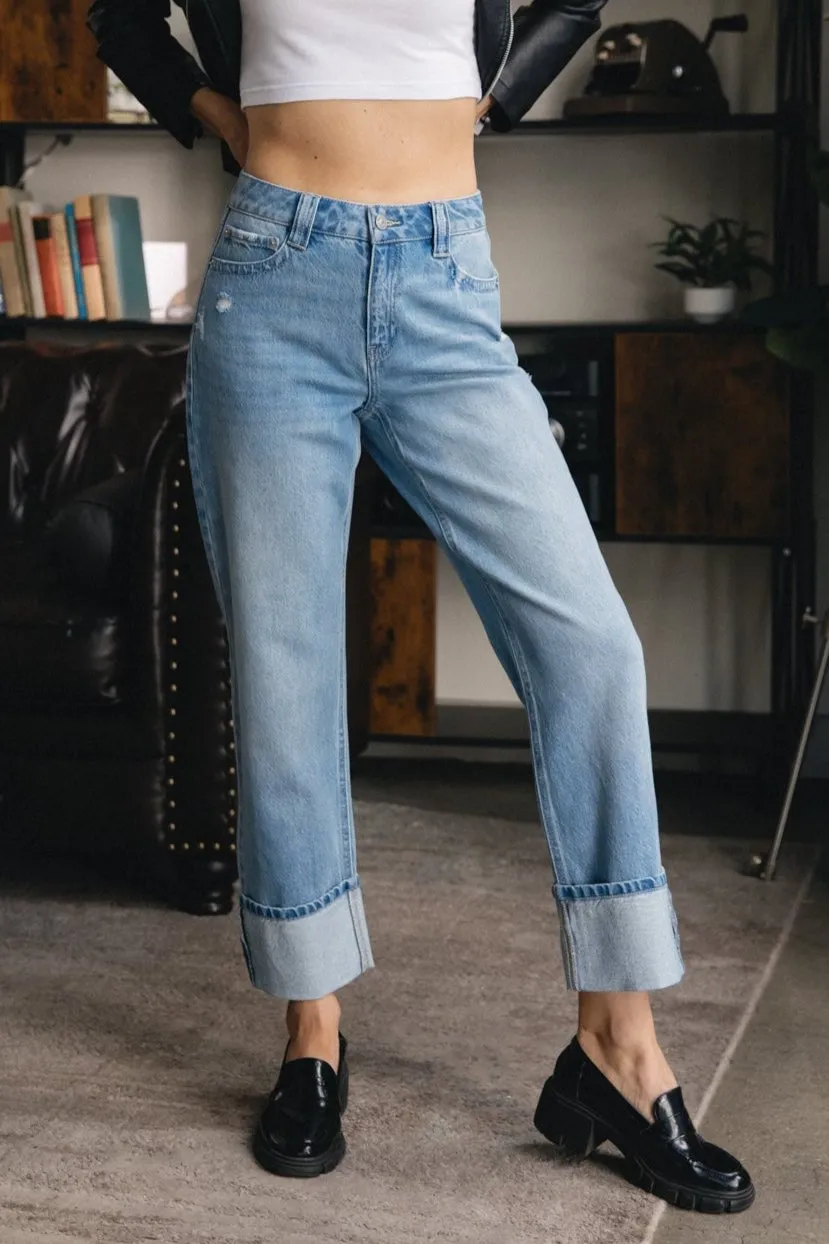 Cuffed Straight Ankle Jeans - Medium Blue