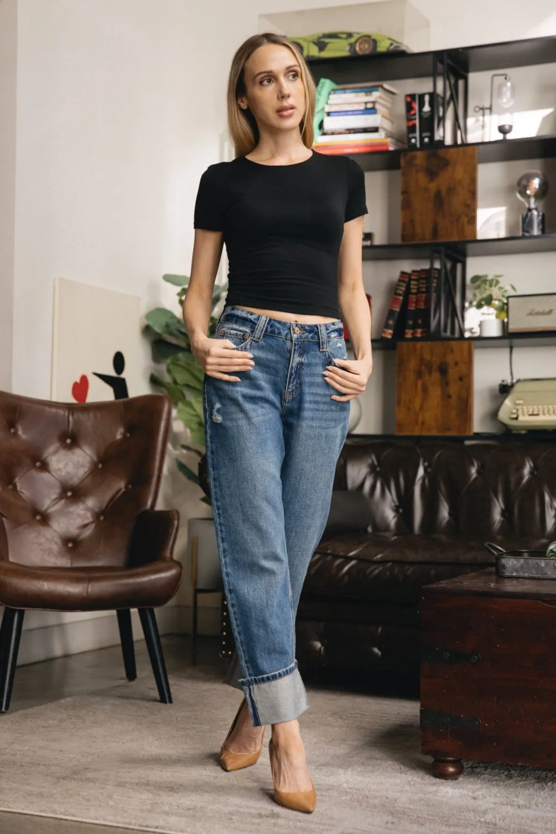 Cuffed Straight Ankle Jeans - Vintage Blue Black