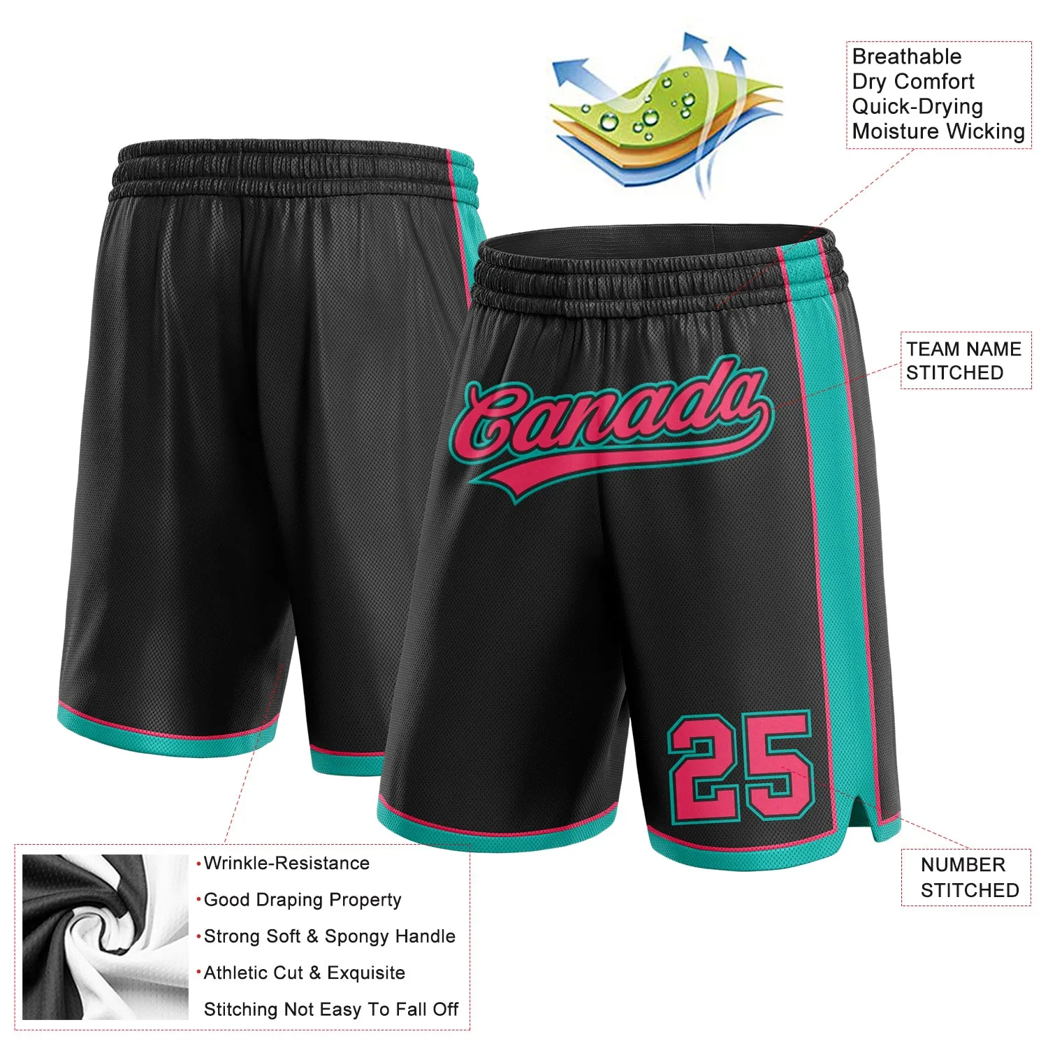 Custom Black Neon Pink-Aqua Authentic Basketball Shorts