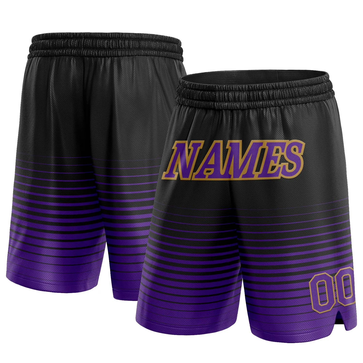 Custom Black Purple-Old Gold Pinstripe Fade Fashion Authentic Basketball Shorts