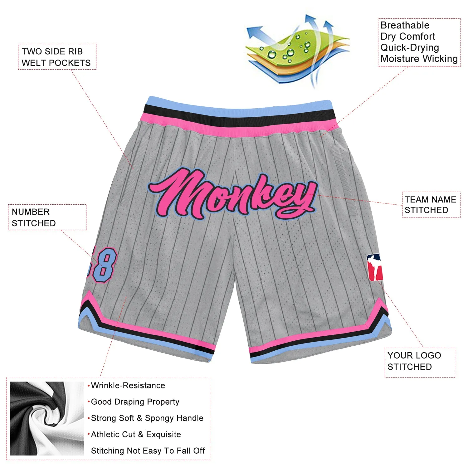 Custom Gray Black Pinstripe Pink-Light Blue Authentic Basketball Shorts