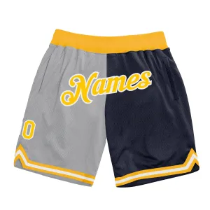 Custom Gray Gold-Navy Authentic Throwback Split Fashion Basketball Shorts