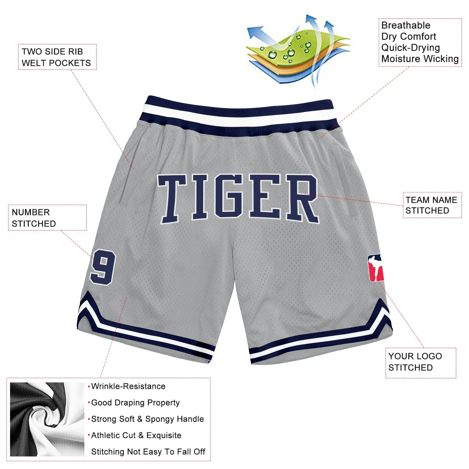 Custom Gray Navy-White Authentic Throwback Basketball Shorts