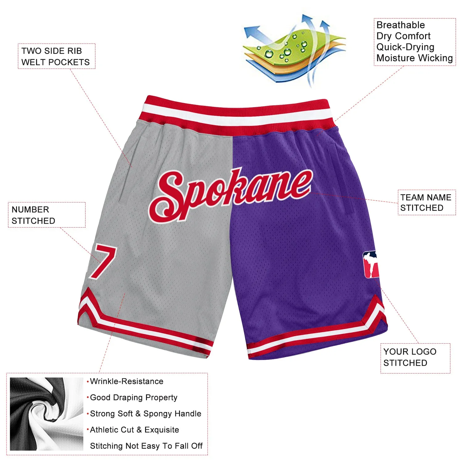 Custom Gray Red-Purple Authentic Throwback Split Fashion Basketball Shorts