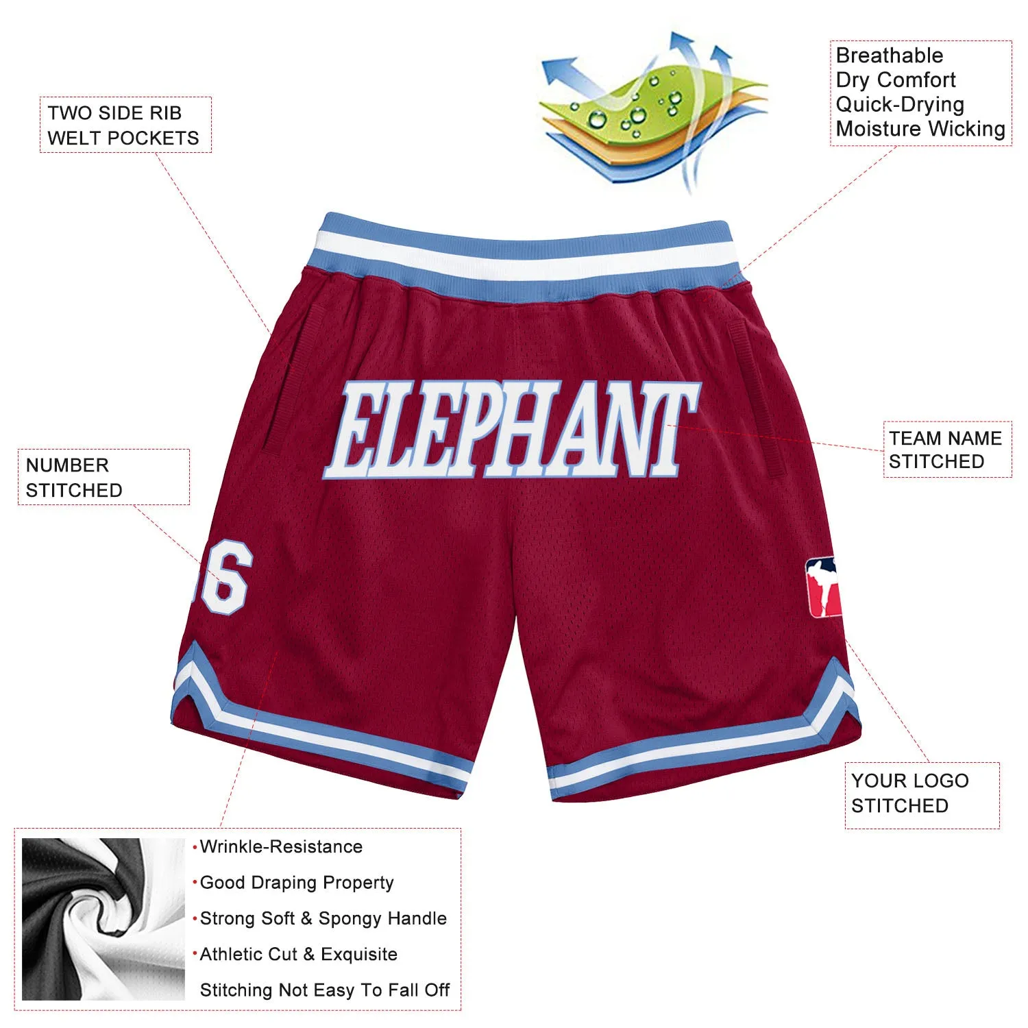 Custom Maroon White-Light Blue Authentic Throwback Basketball Shorts