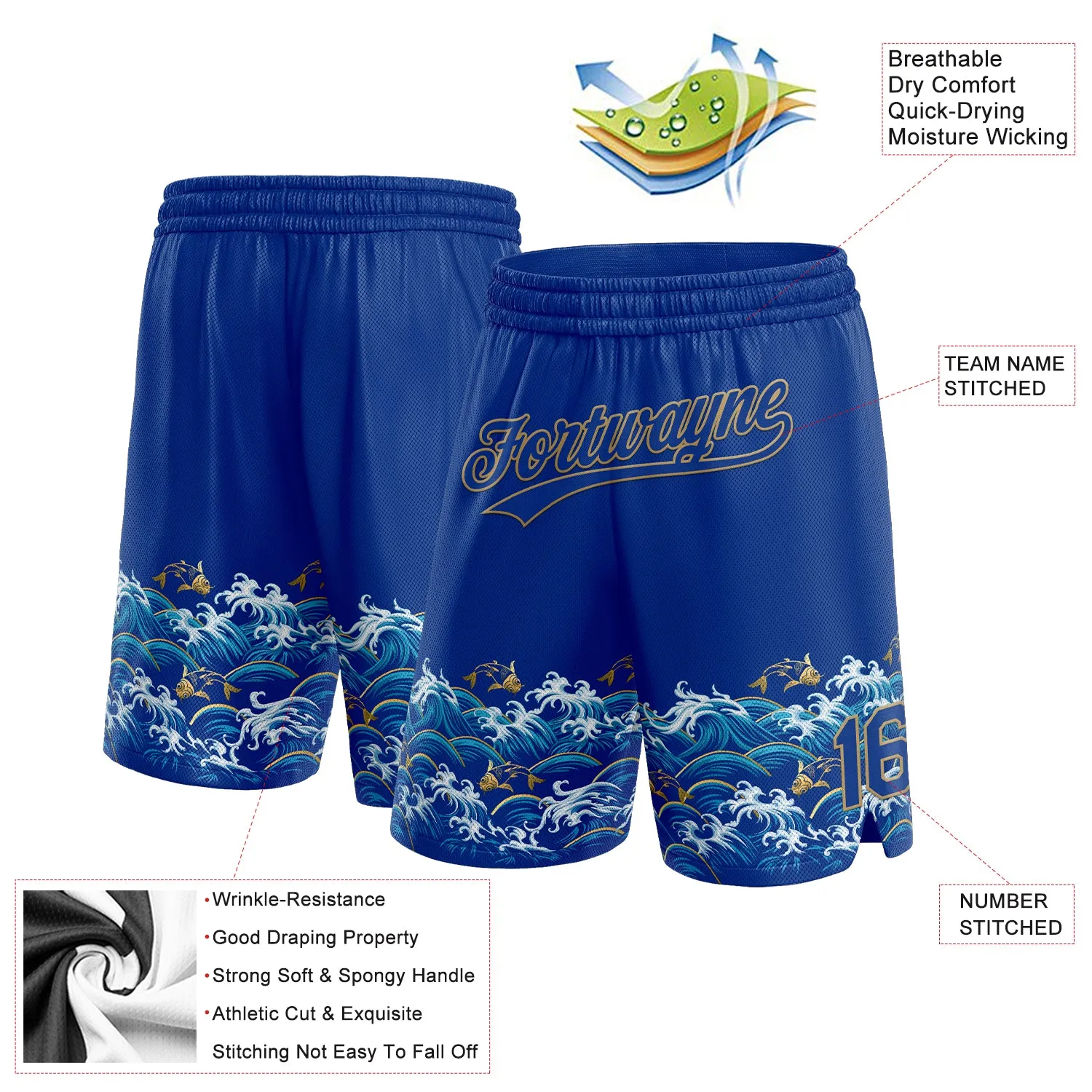 Custom Royal Old Gold 3D Pattern Fish In The Sea Authentic Basketball Shorts