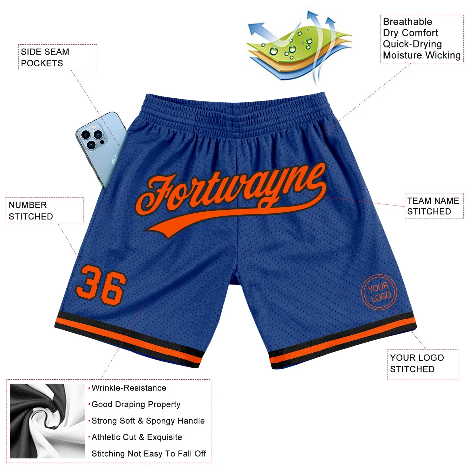 Custom Royal Orange-Black Authentic Throwback Basketball Shorts