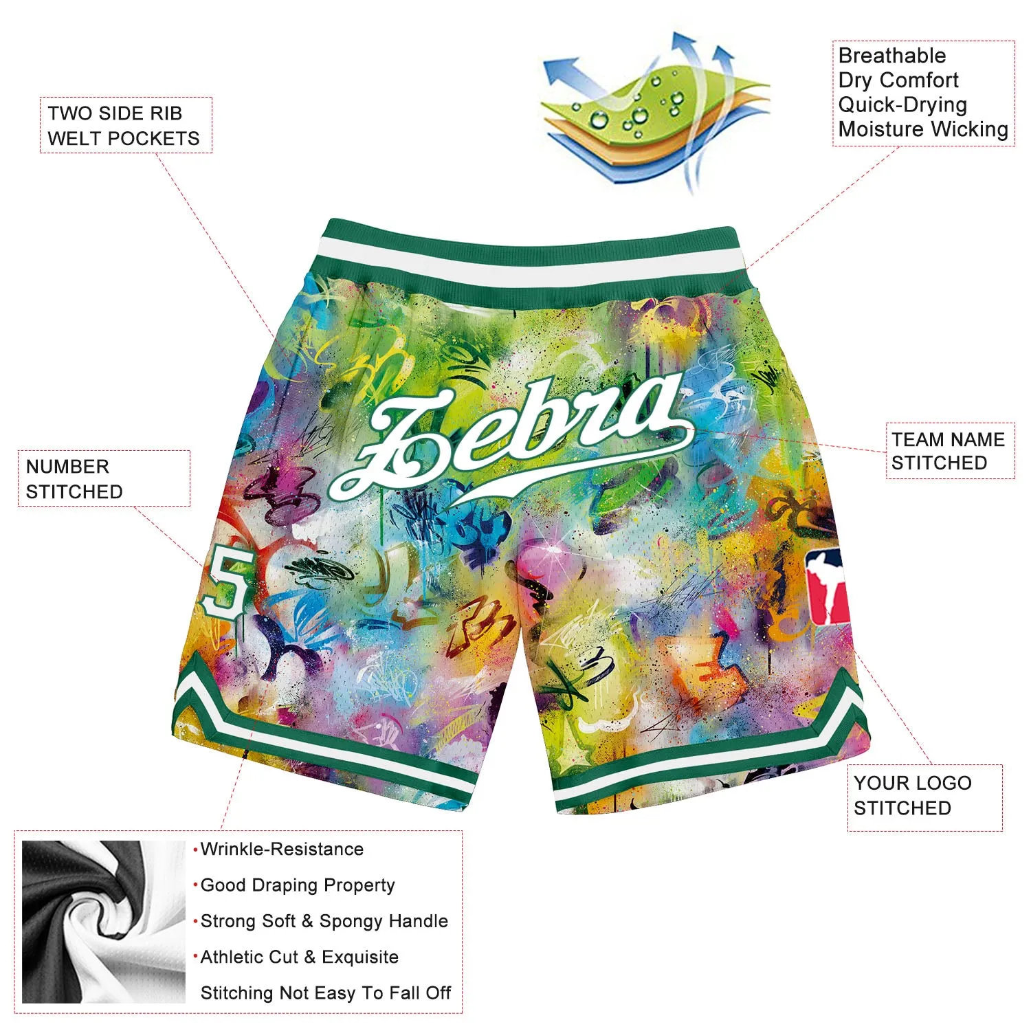 Custom Scratch Graffiti Pattern White-Kelly Green 3D Authentic Basketball Shorts