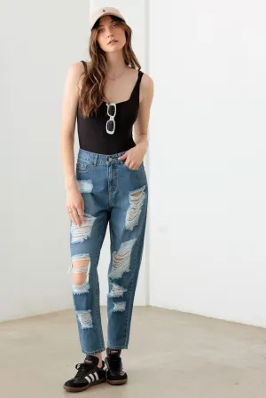 Destroyed High Waist Mom Style Fit Jeans