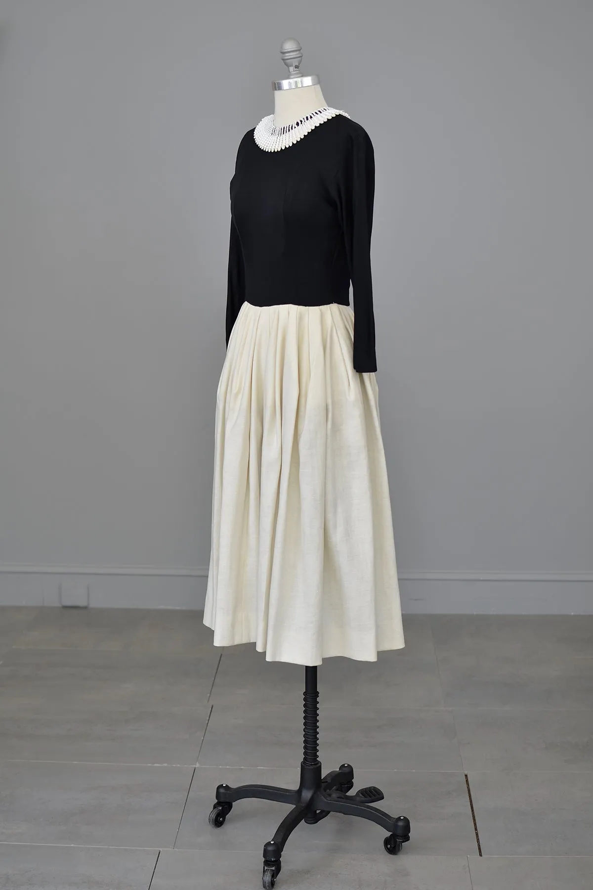 Early 1950s Black and Cream Egyptian Beaded Neckline Cocktail Party Dress | Jersey Bodice, Full Skirt | Bonwit Teller | XXS