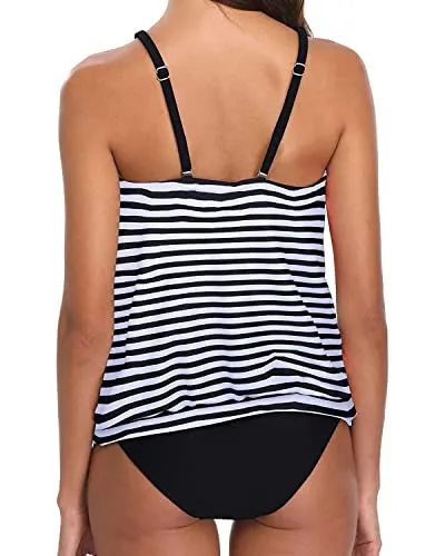 Flattering Blouson Tankini Bathing Suits For Teens Tummy Control-Black And White Stripe