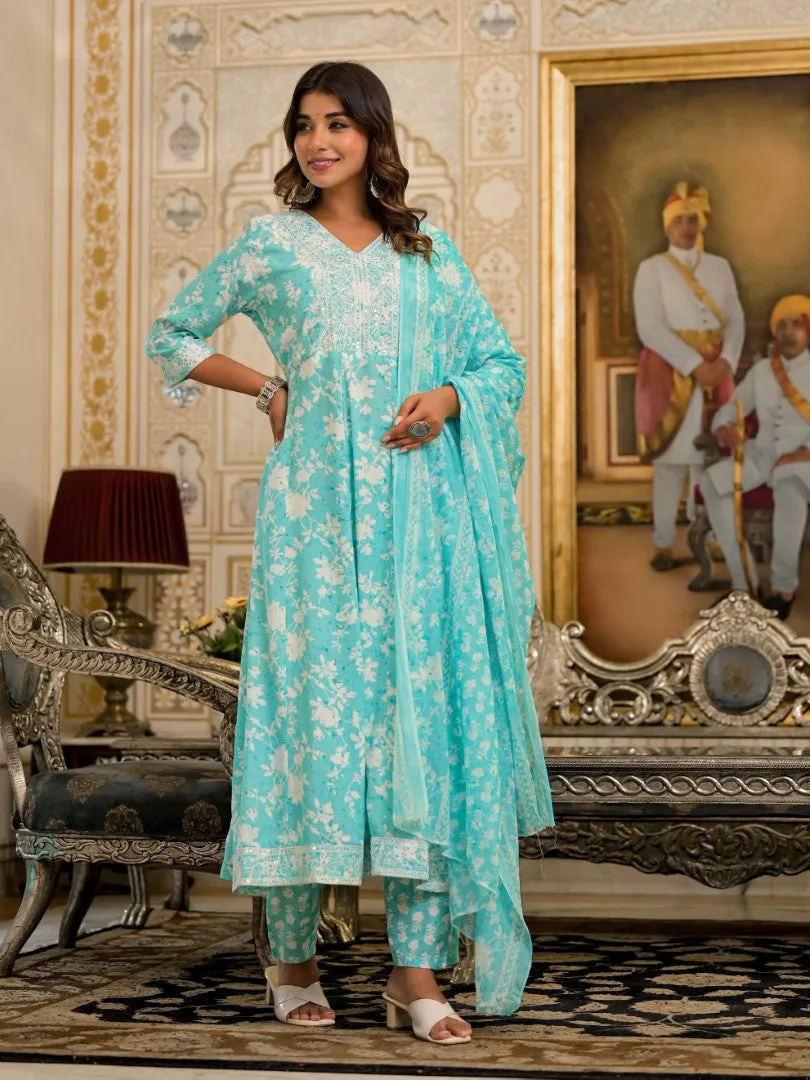 Juniper Green Floral Printed Liva Rayon Kurta, Pant And Dupatta Set With Thread & Sequins Work