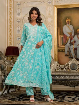 Juniper Green Floral Printed Liva Rayon Kurta, Pant And Dupatta Set With Thread & Sequins Work