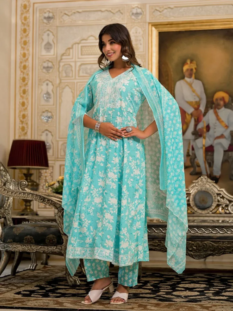 Juniper Green Floral Printed Liva Rayon Kurta, Pant And Dupatta Set With Thread & Sequins Work