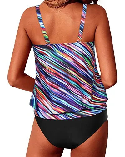 Ladies Loose Fit Blouson Tankini Swimsuits For Women-Color Oblique Stripe