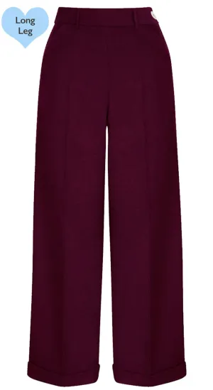 Long Tall 1930s and 40s Classic High Waist Wide Leg Trousers in Burgundy