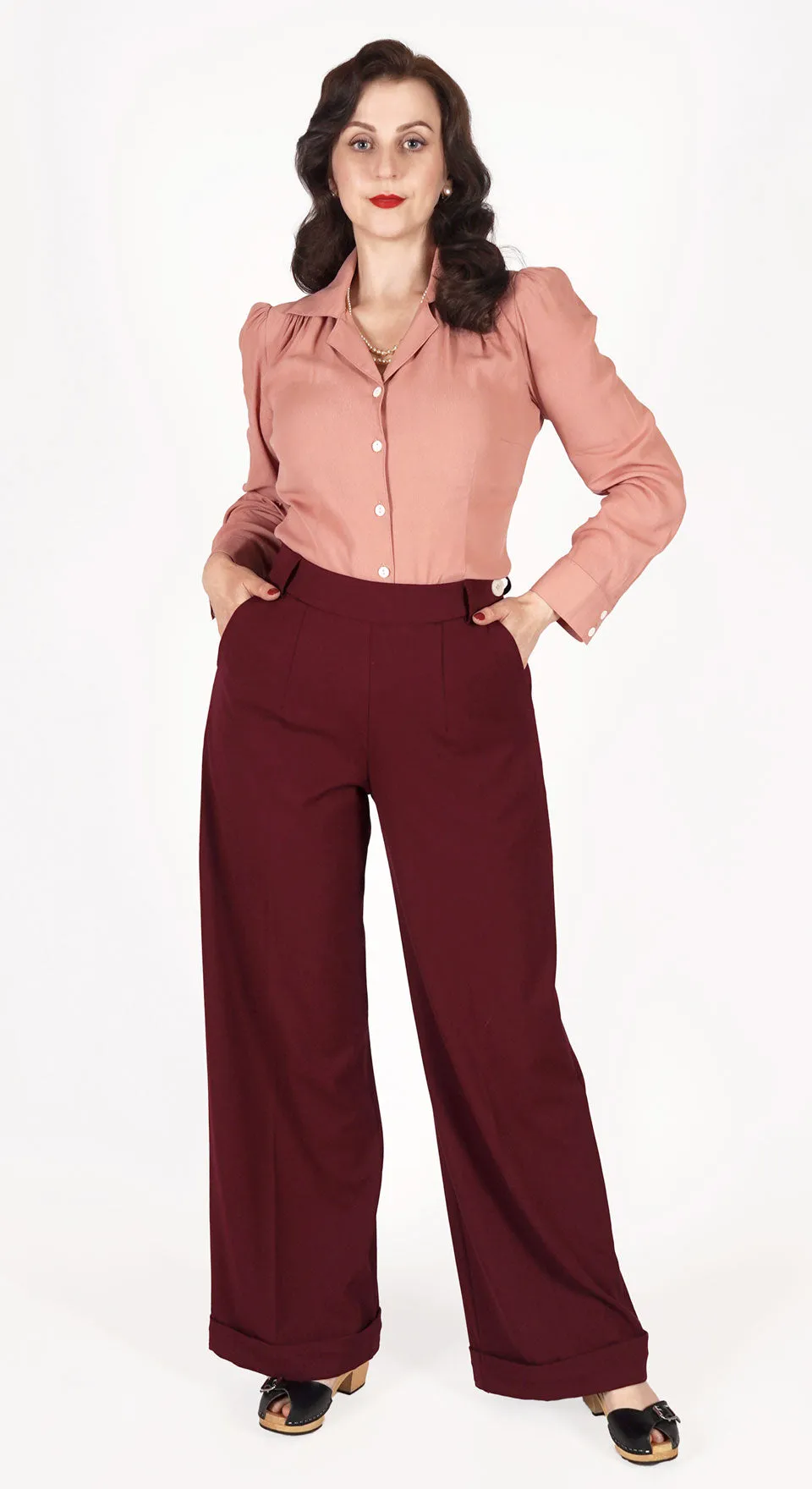 Long Tall 1930s and 40s Classic High Waist Wide Leg Trousers in Burgundy