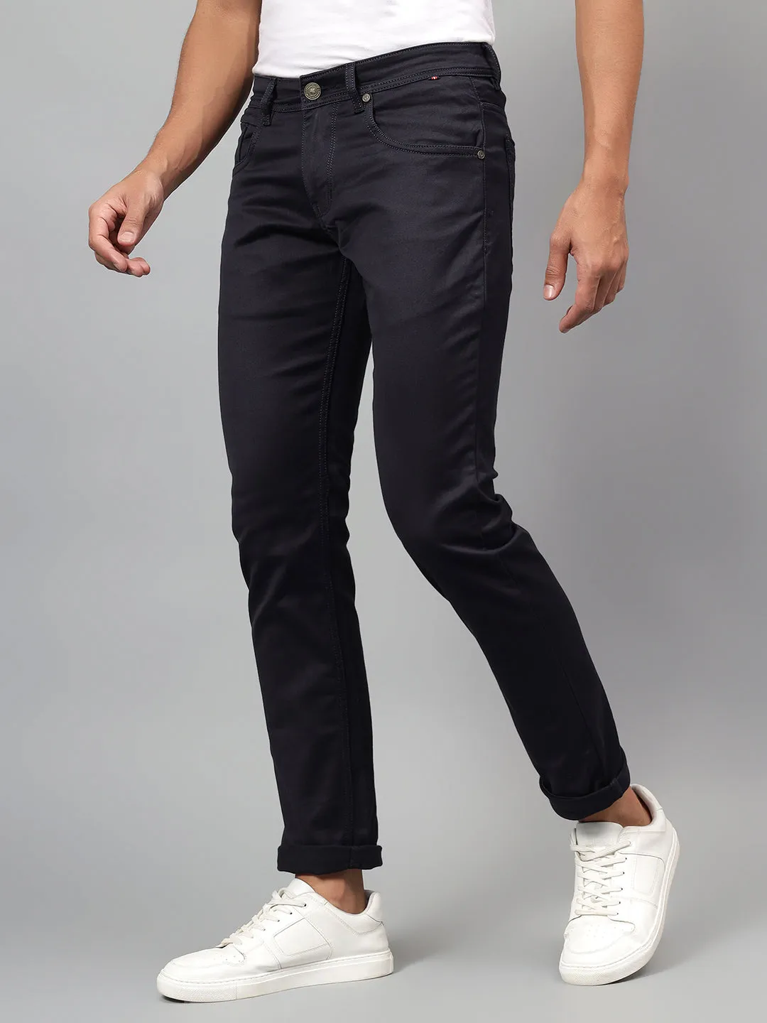 Men's Navy Blue Solid Stretchable Full Length Jeans