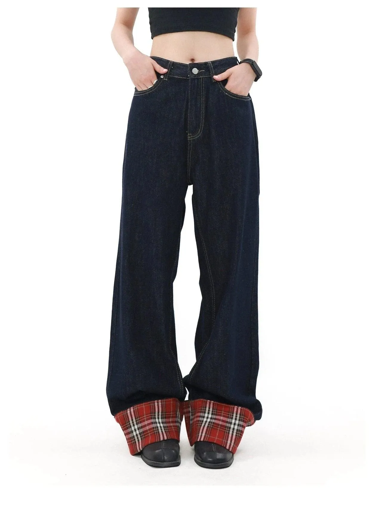 Mrnearly Plaid-Lined Wide Leg Jeans - Unisex Classic Denim With A Twist