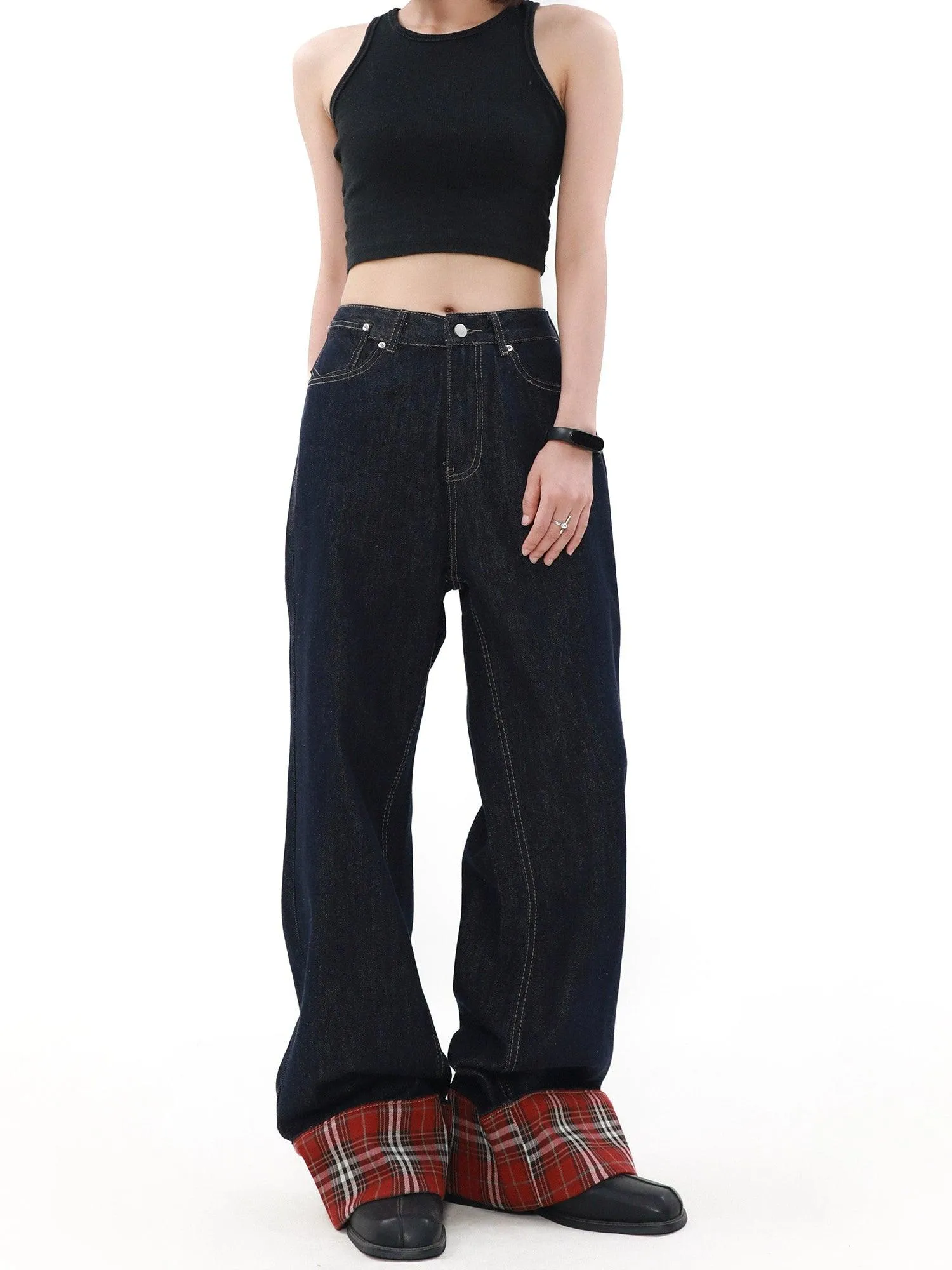 Mrnearly Plaid-Lined Wide Leg Jeans - Unisex Classic Denim With A Twist