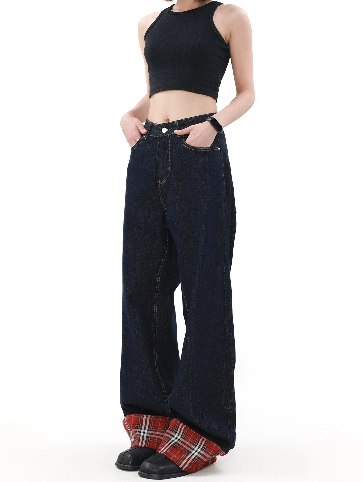 Mrnearly Plaid-Lined Wide Leg Jeans - Unisex Classic Denim With A Twist