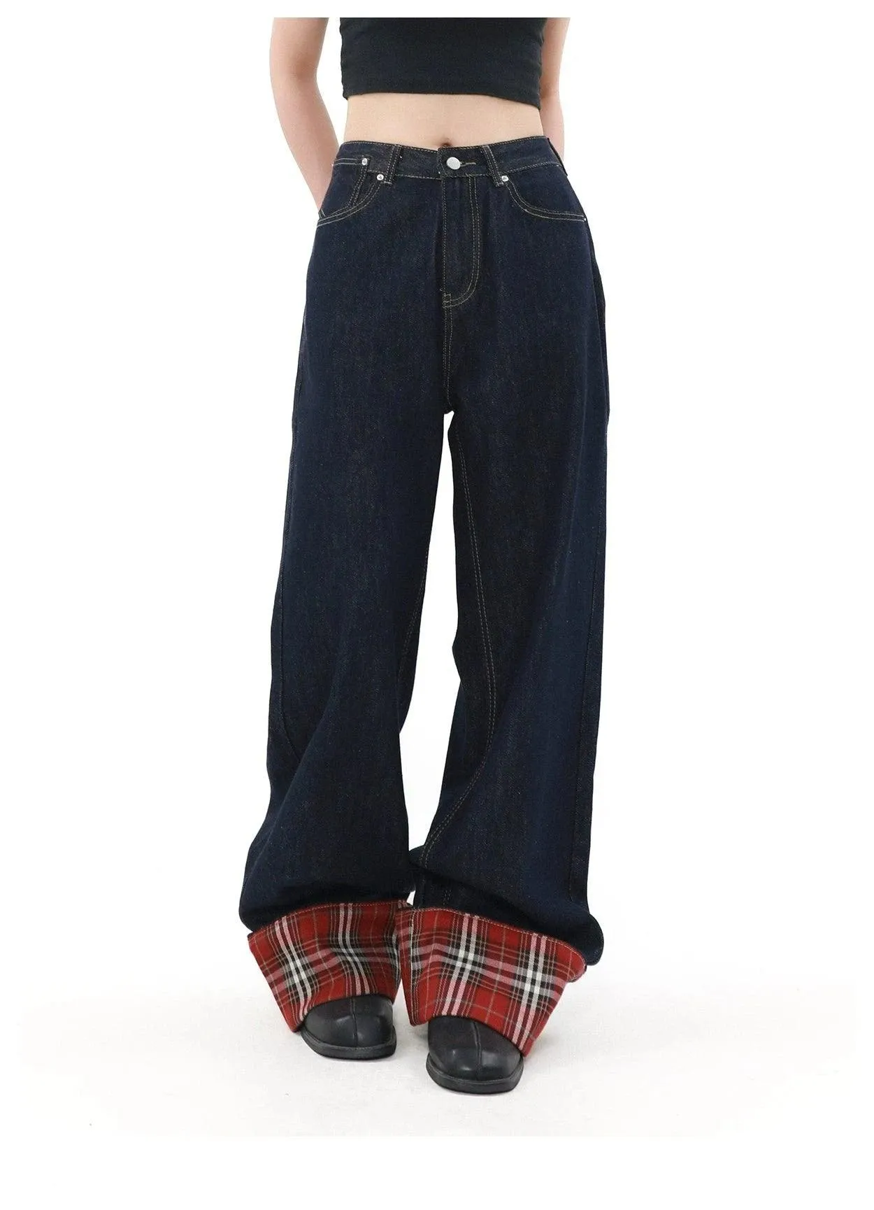 Mrnearly Plaid-Lined Wide Leg Jeans - Unisex Classic Denim With A Twist