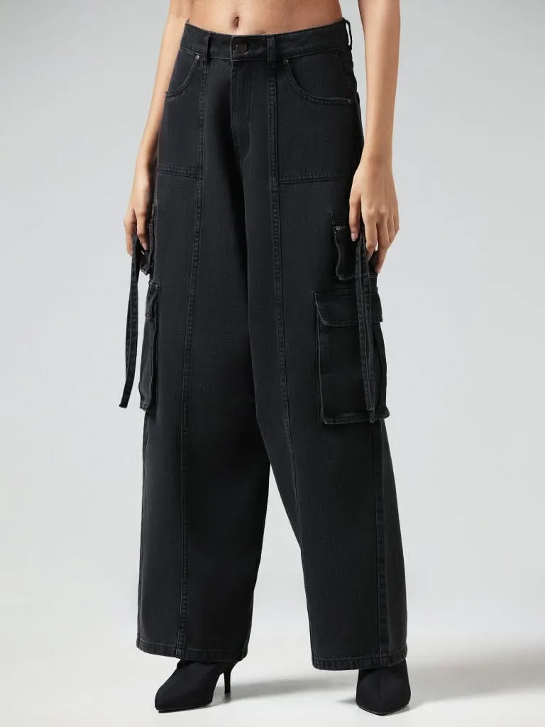 Nuon Solid Black High-Waisted Cargo Relaxed Fit Jeans