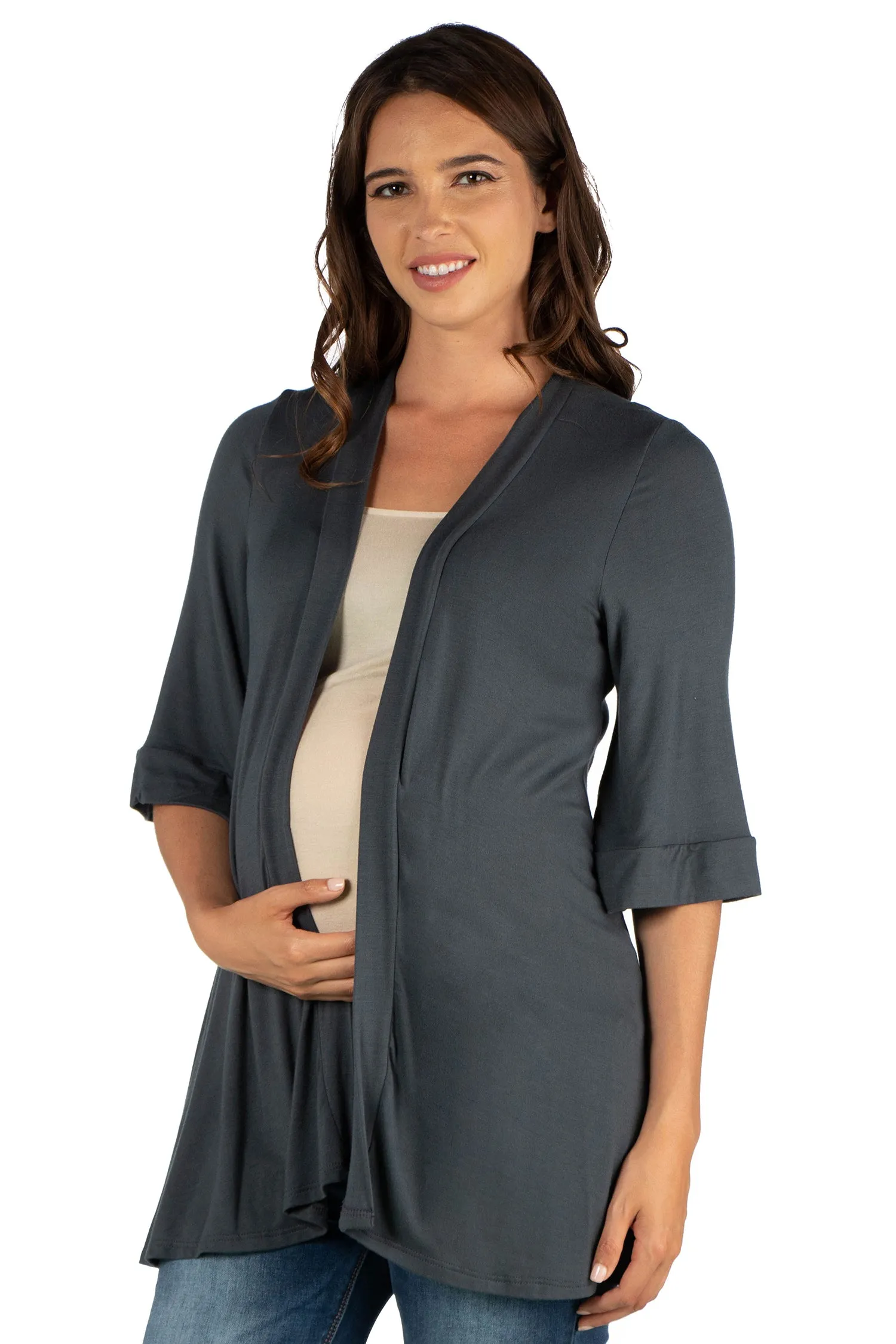 Open Front Elbow Length Sleeve Maternity Cardigan