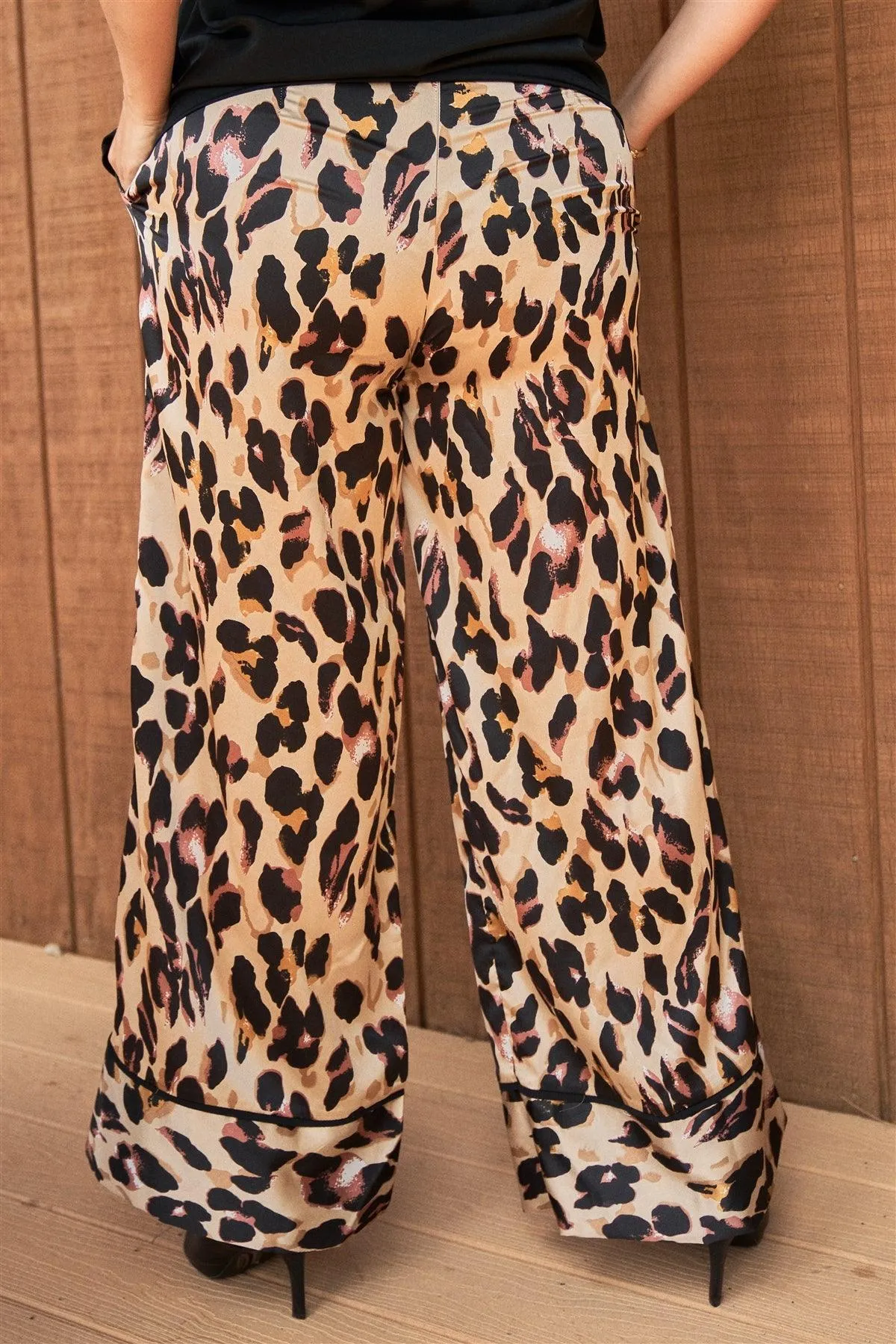 Plus Size Leopard Print Satin High-Waisted Wide Leg Pants