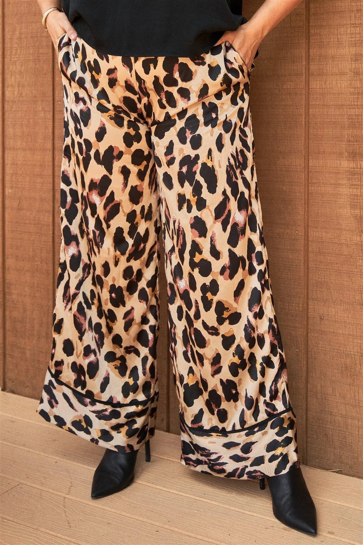 Plus Size Leopard Print Satin High-Waisted Wide Leg Pants