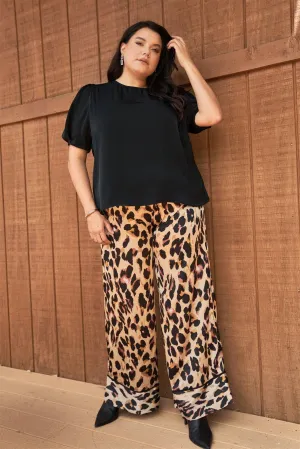 Plus Size Leopard Print Satin High-Waisted Wide Leg Pants