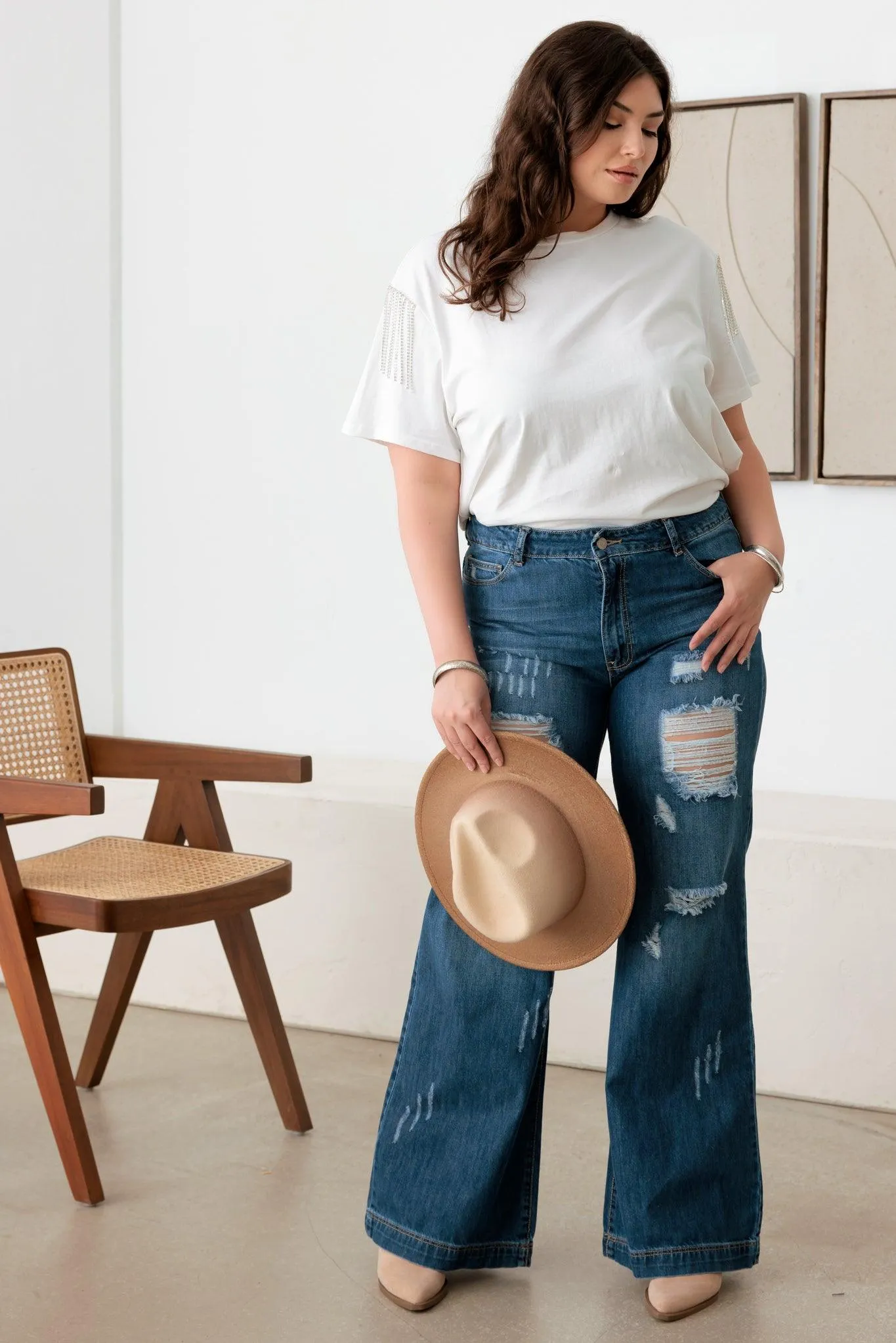 Plus Size White Rhinestone Fringe Short Sleeve T-Shirt