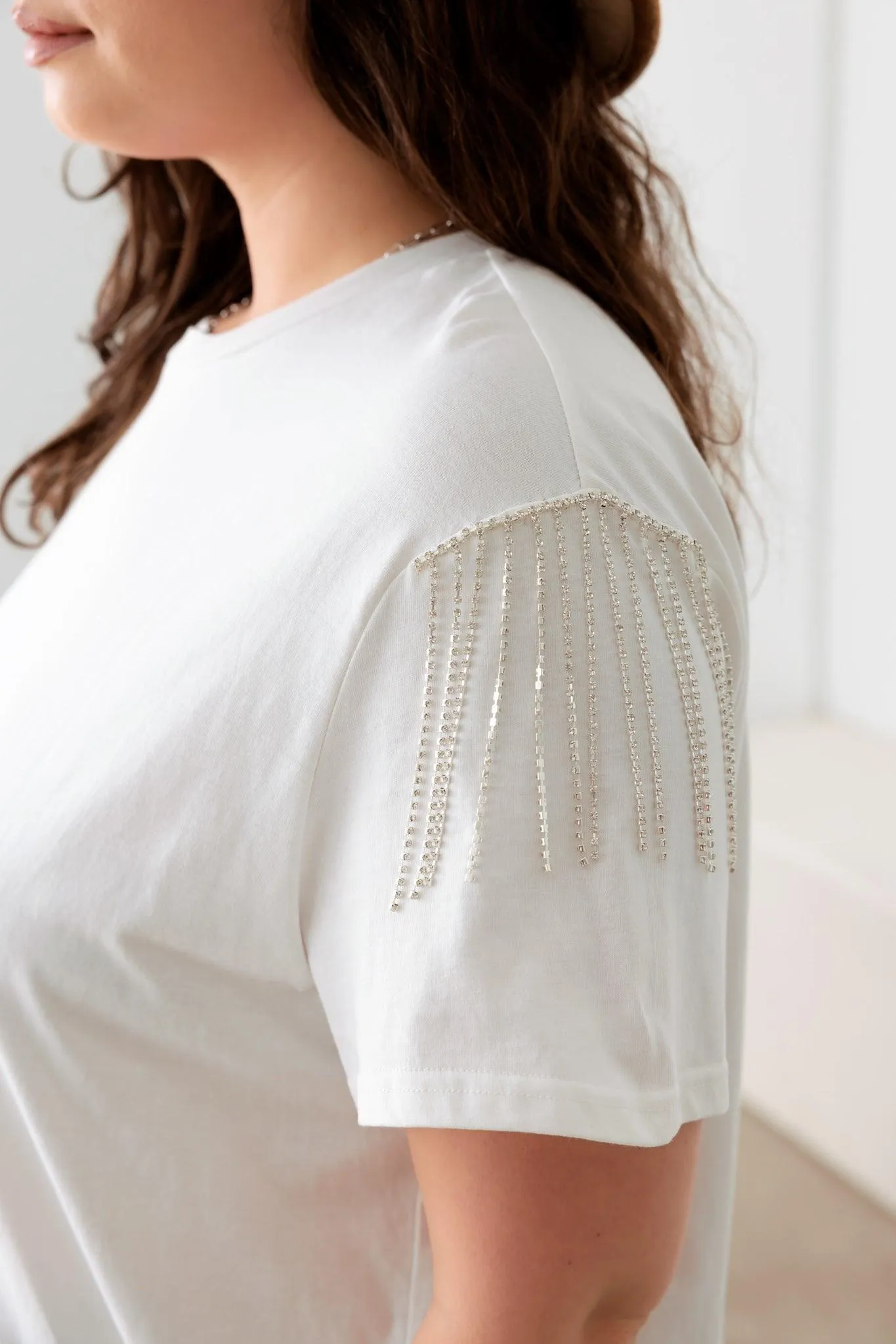 Plus Size White Rhinestone Fringe Short Sleeve T-Shirt