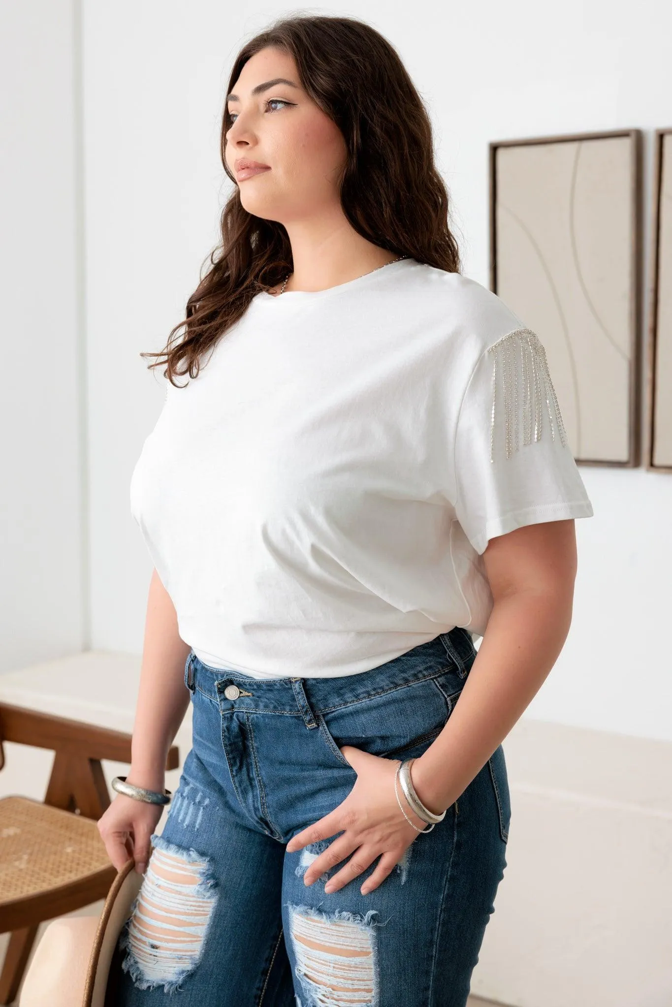 Plus Size White Rhinestone Fringe Short Sleeve T-Shirt