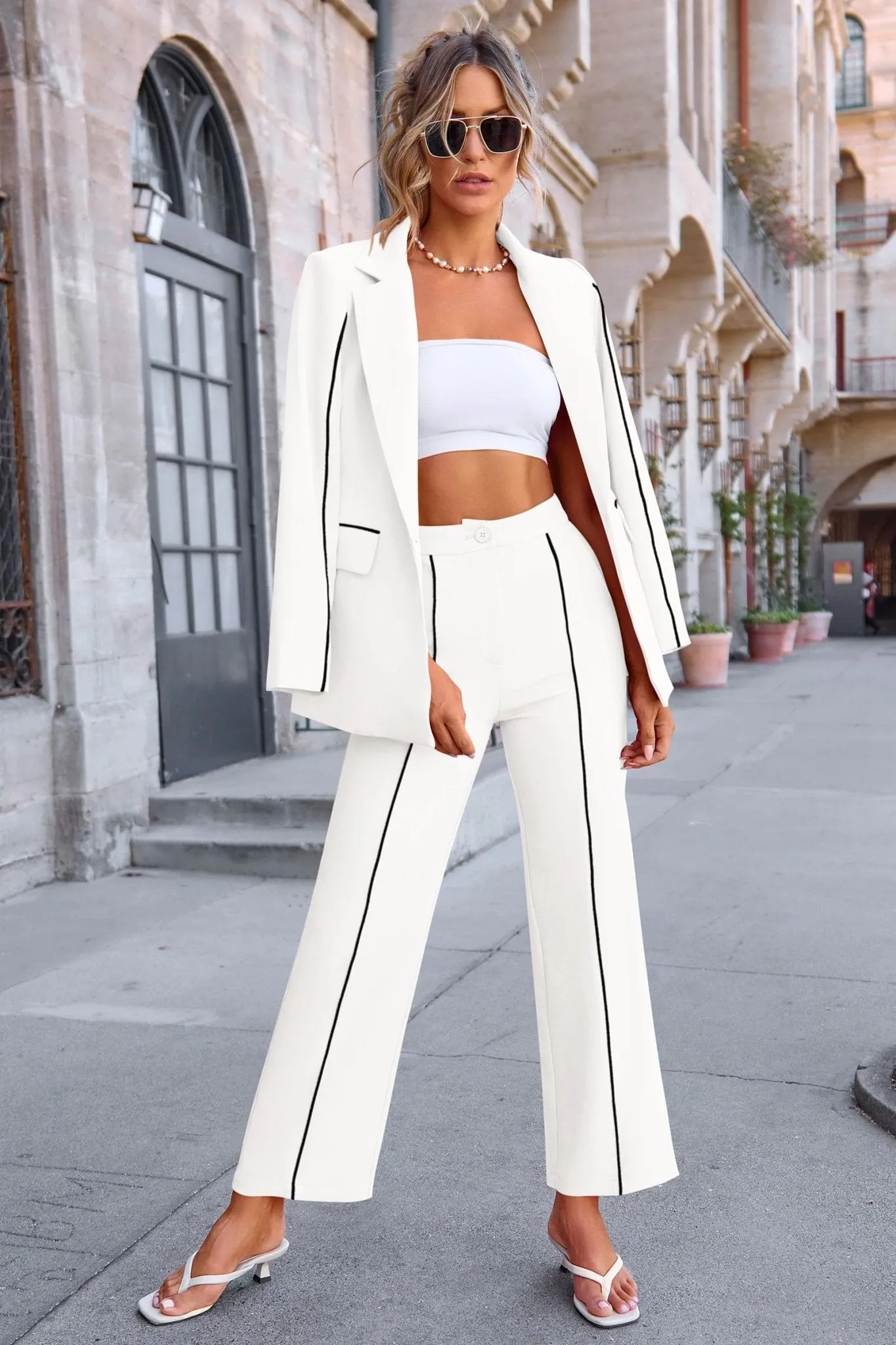 PRETTYGARDEN Women's Fall 2 Piece Blazer Outfits Business Casual Oversized Jacket Wide Leg Work Pants Dressy Suit Set (White,X-Large)