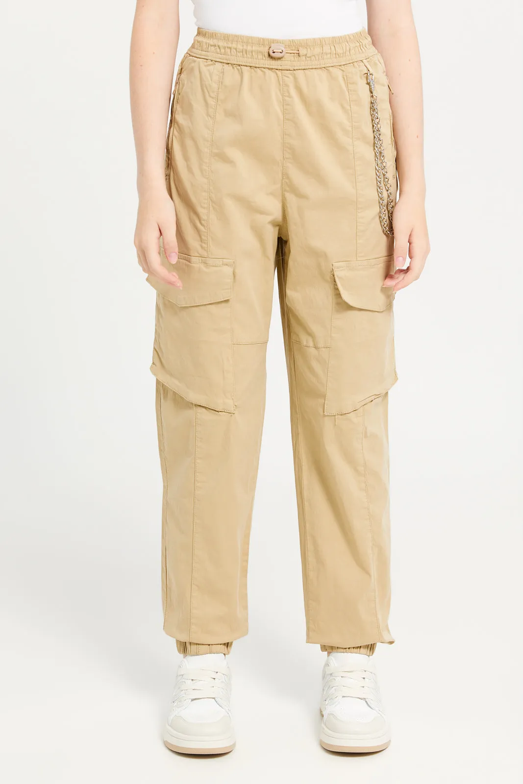 Senior Girls Beige Cargo Pocket With Chain Pants