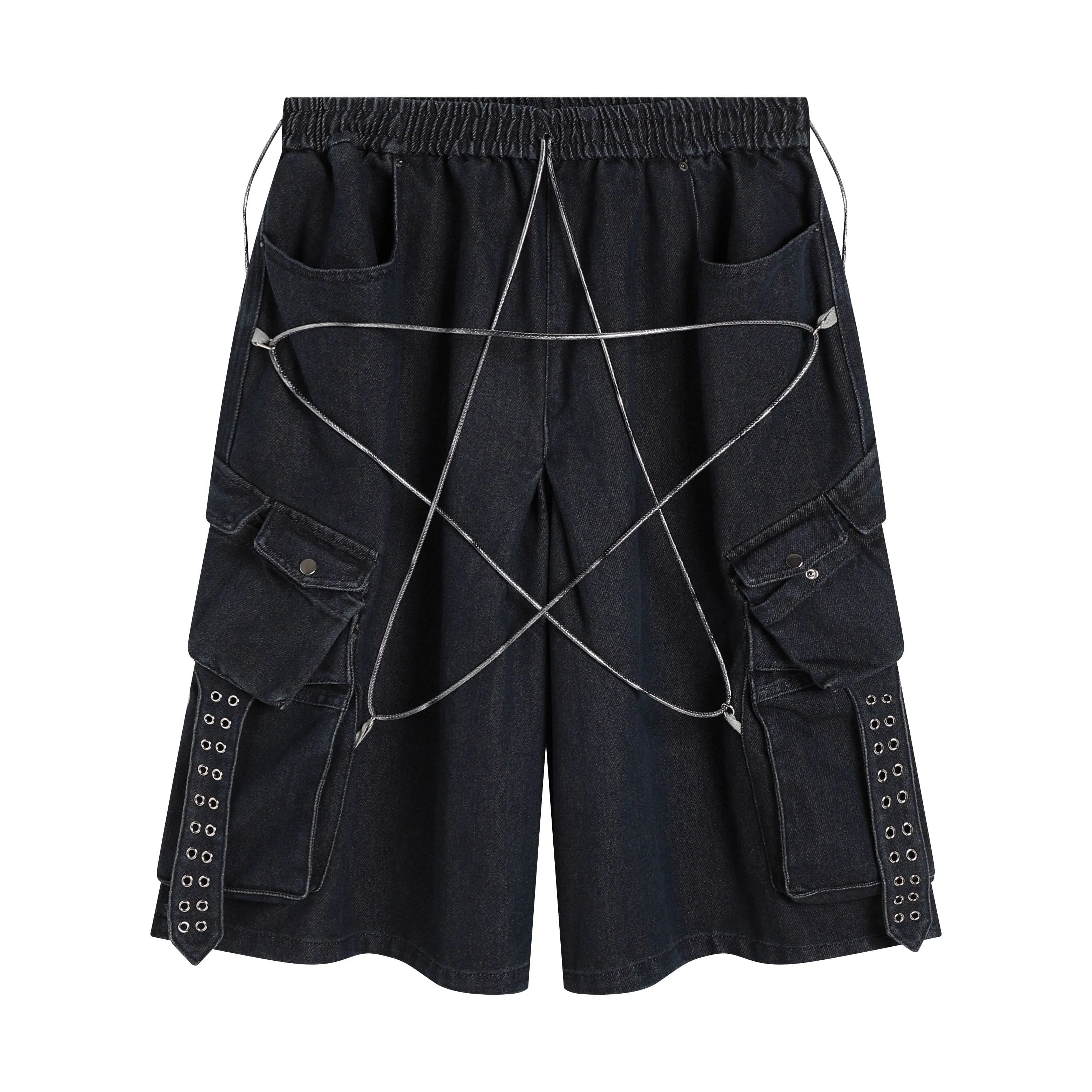 Star Drawstring Cargo Denim Shorts