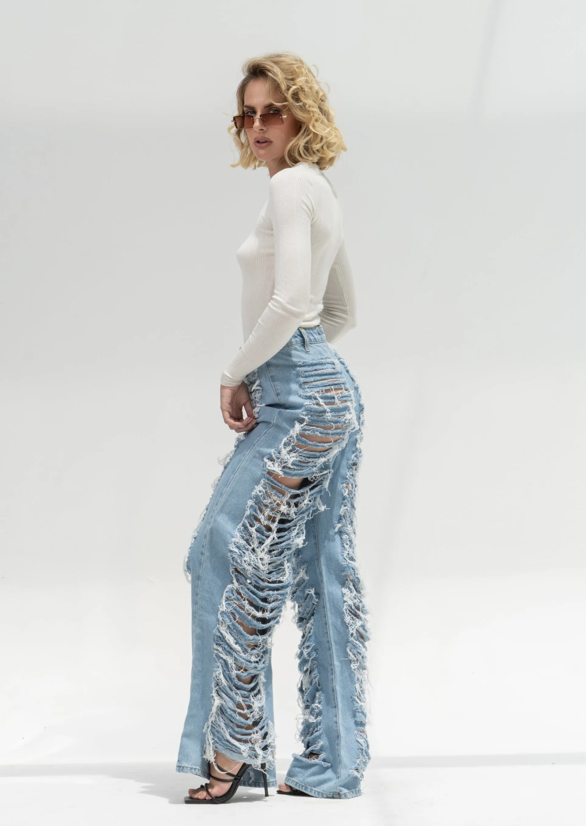 Wide Leg Extreme Ripped Jeans