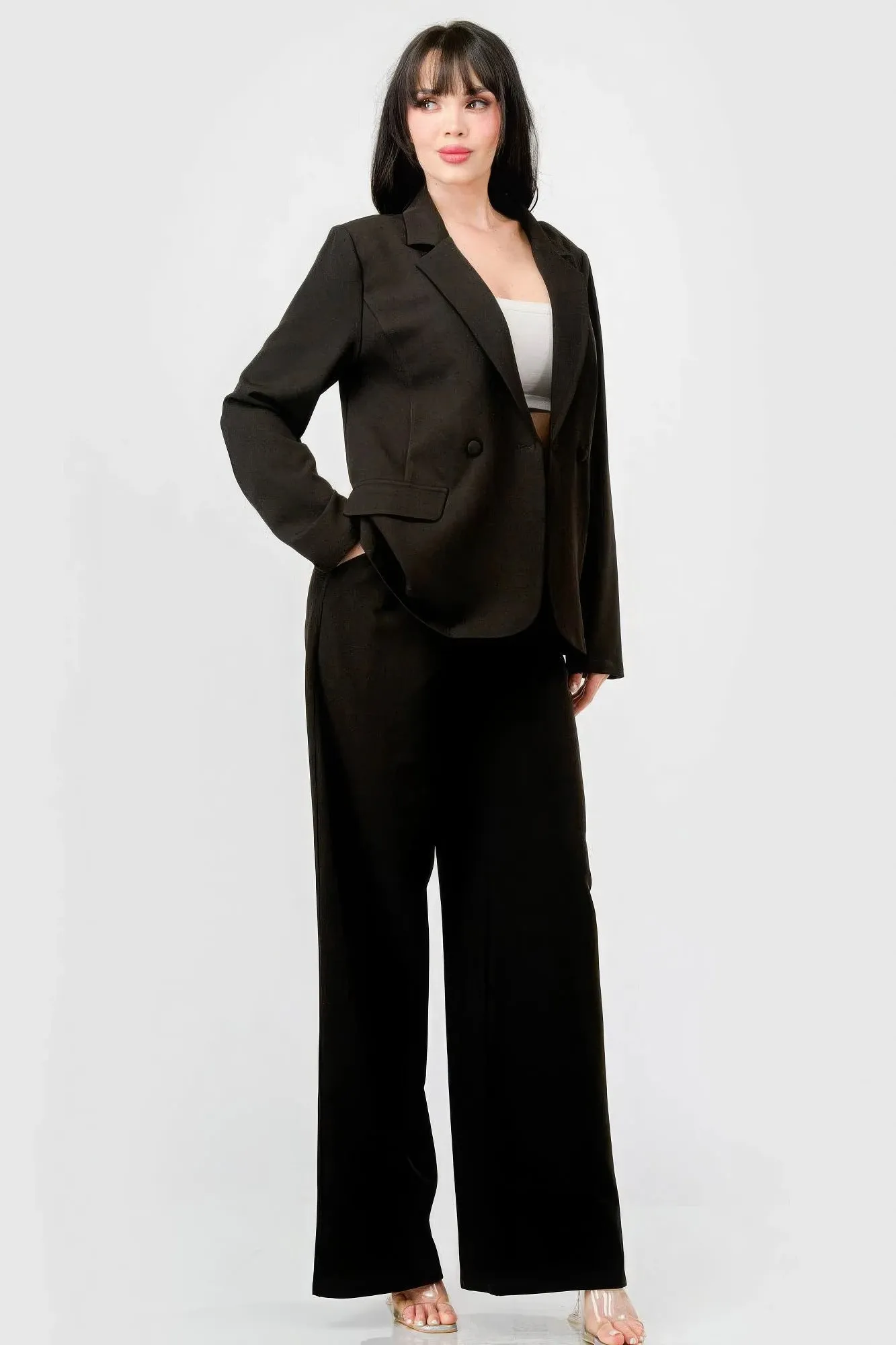 Women Luxe Stretch Woven Loose Fit Blazer And Wide Legs Pants Semi Formal Set