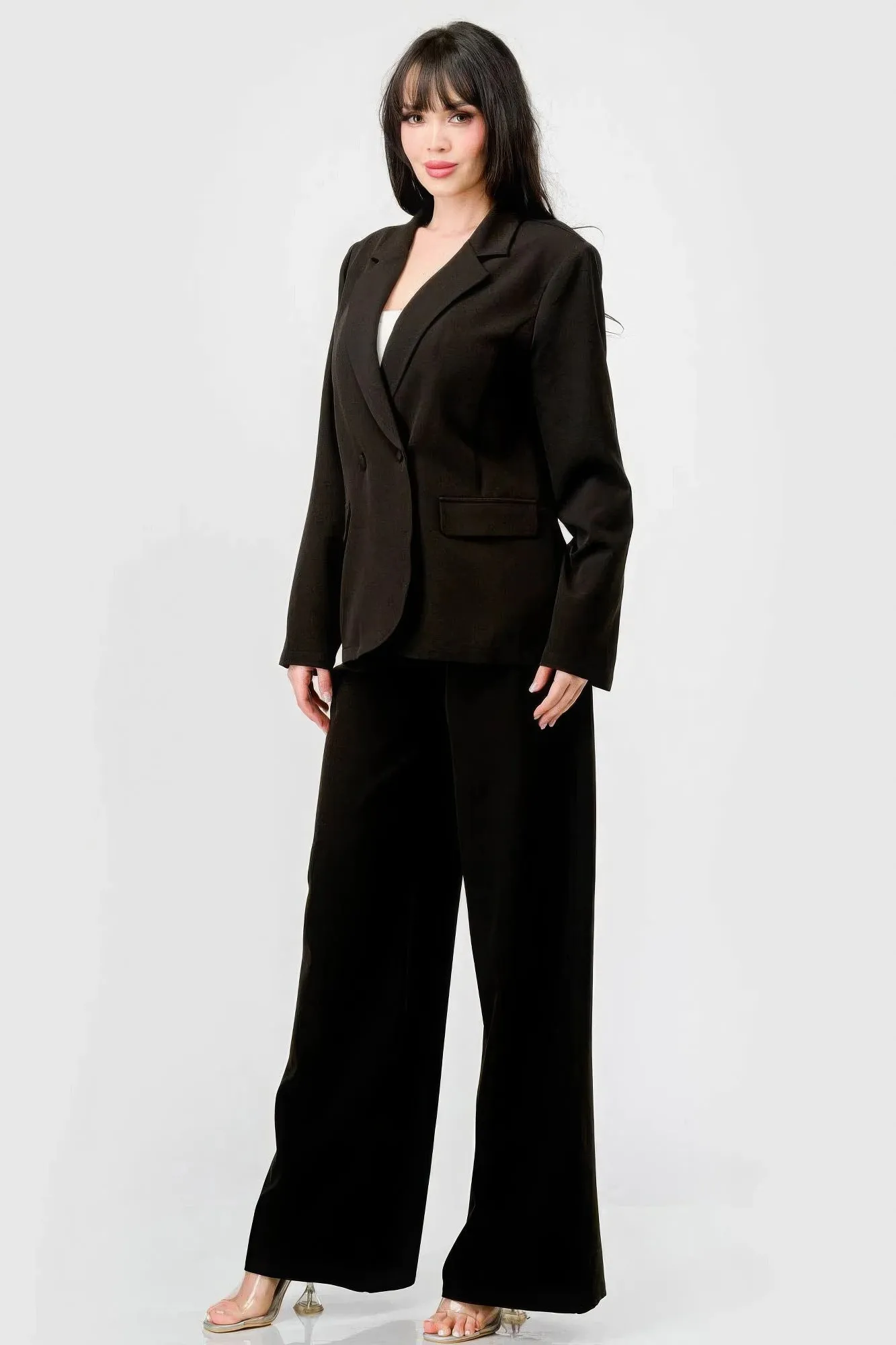 Women Luxe Stretch Woven Loose Fit Blazer And Wide Legs Pants Semi Formal Set