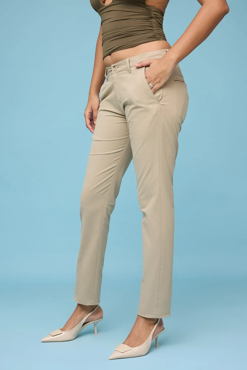 Women's Beige Cotton Lycra Pants