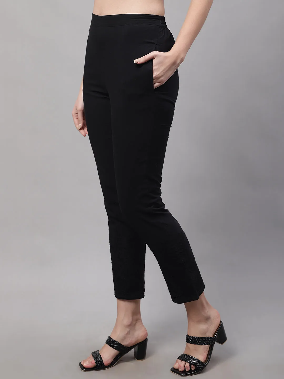 Women's Casual Regular Fit Black Flat Front Mid rise Ethnic Pant