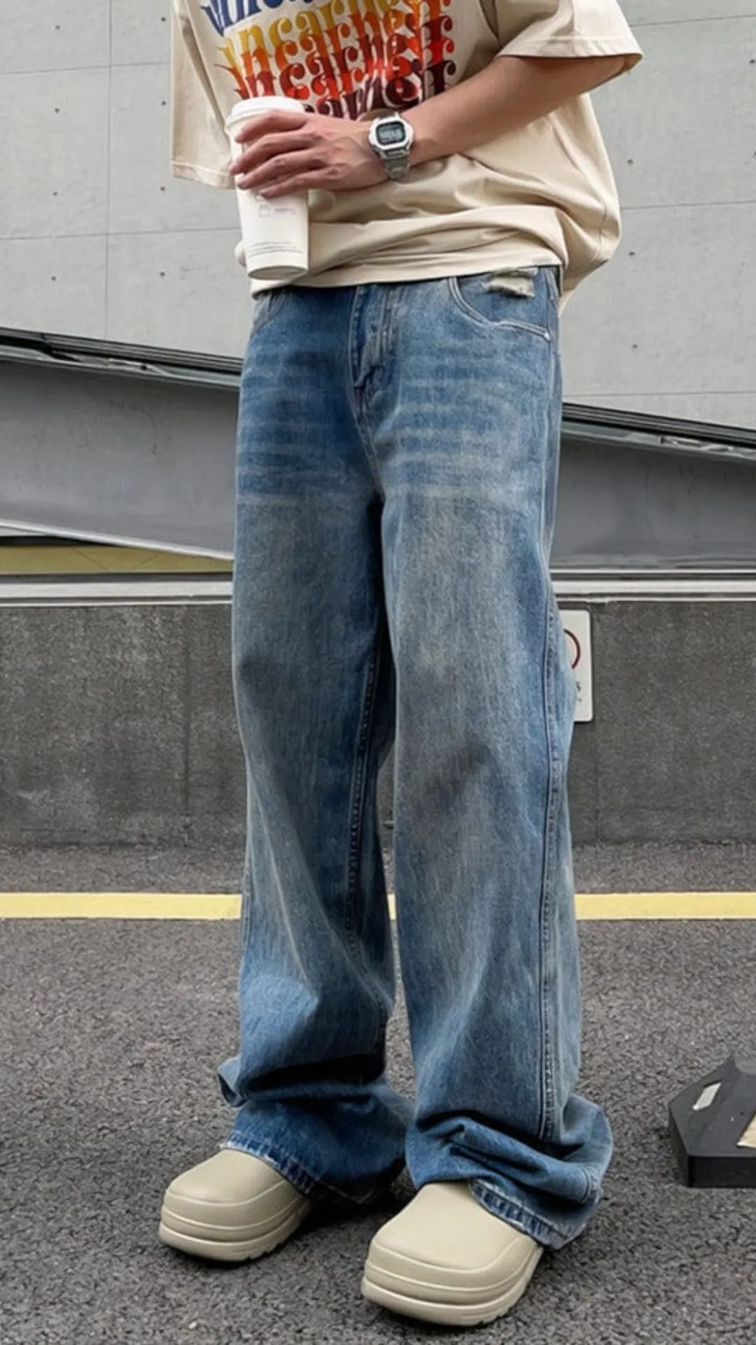 Worn Blue Whisker Wash Loose Straight Fit Jeans